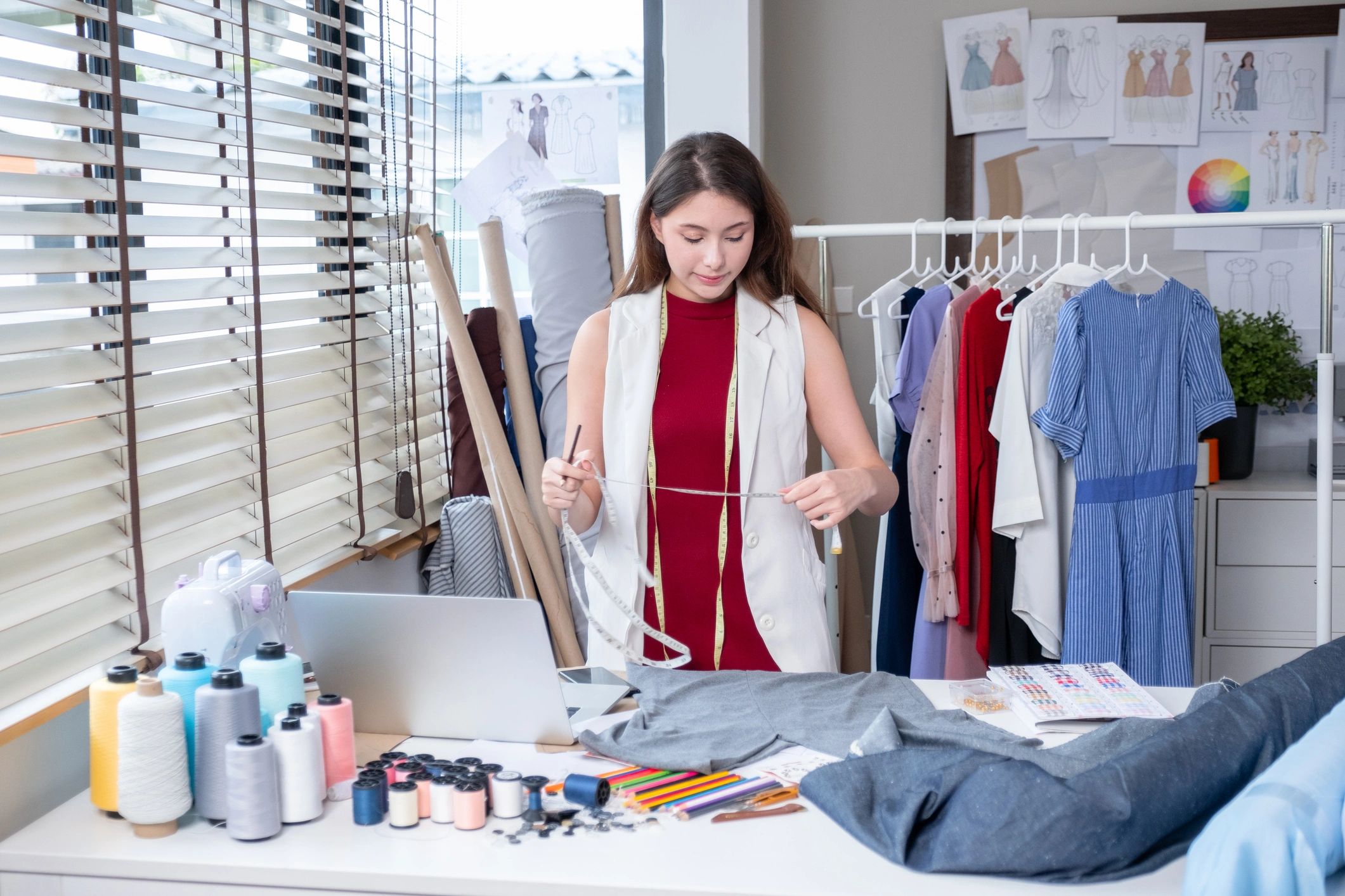 Person measuring clothing with a tape measure