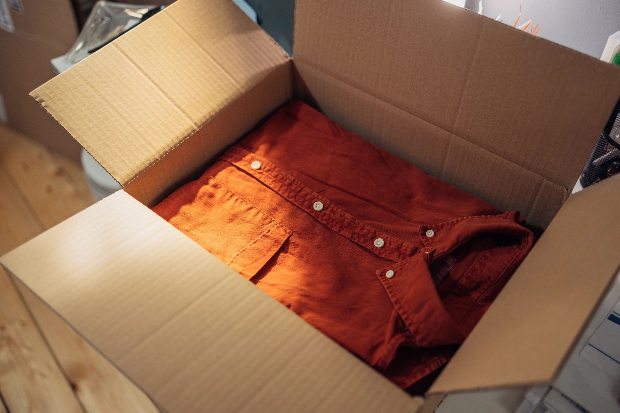 Folded shirt prepared for shipping